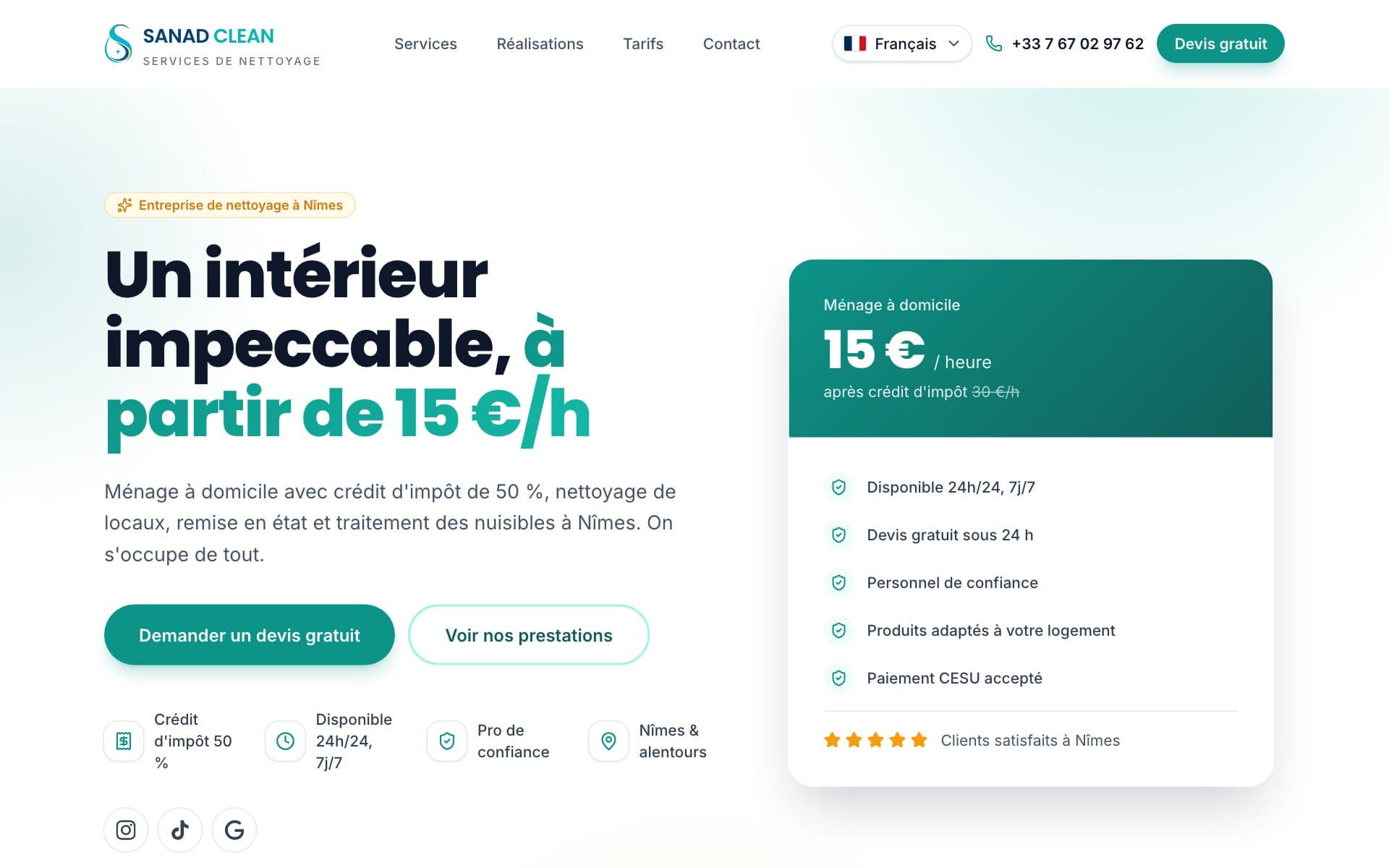 Aperçu du site SANAD CLEAN — Nîmes (30) · site trilingue FR/EN/AR